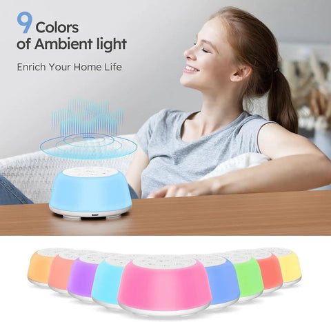 All Night White Noise Machine With 9 Color Night Light, Portable Sleep Aid with woman relaxing and different color options.