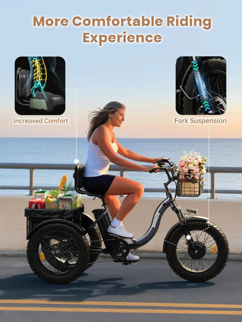 Electric Tricycle For Adults 1200W Peak Power 36V 20Ah Battery 75 Mile Range Large Rear Basket 20 Inch Fat Tire 3 Wheel Folding Ebike Max 20 MPH on seaside path