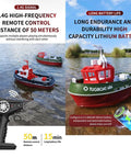 RC Tugboat For Adults 1 To 72 Scale Electric Remote Control Boat on water with red and green hull, 2.4 GHz controller displayed