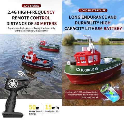 RC Tugboat For Adults 1 To 72 Scale Electric Remote Control Boat on water with red and green hull, 2.4 GHz controller displayed