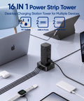 Straight Up Essential Heavy Duty Vertical Power Strip Tower With Twelve AC Outlets And Four USB Ports Features Dual USB C Fast Chargers And Six Foot Cord For Super Easy Desk Organization on a desk with multiple devices.