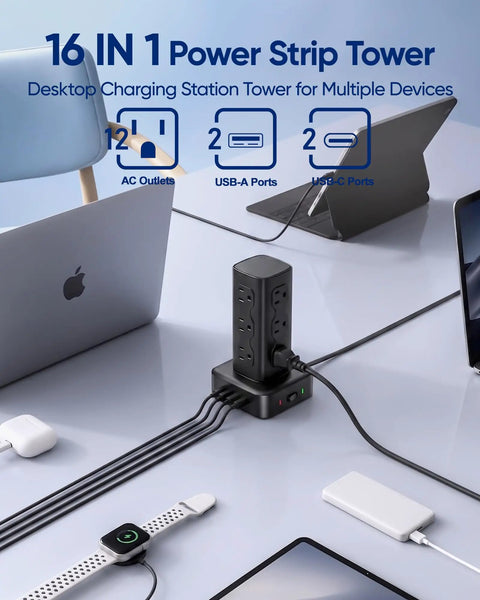 Straight Up Essential Heavy Duty Vertical Power Strip Tower With Twelve AC Outlets And Four USB Ports Features Dual USB C Fast Chargers And Six Foot Cord For Super Easy Desk Organization on a desk with multiple devices.