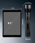 Heavy Duty Aluminum 2D Cell Big Flashlight With High Lumens next to tablet showing dimensions