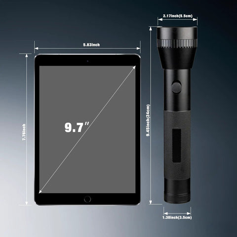 Heavy Duty Aluminum 2D Cell Big Flashlight With High Lumens next to tablet showing dimensions