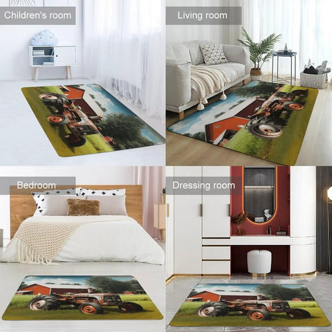 Farm Tractor Bath Mat With Soft Coral Fleece in living room, cozy non-slip runner carpet, ultra absorbent and machine washable.