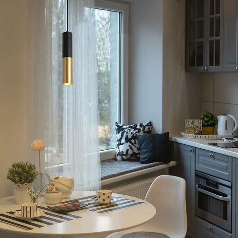 Get These Cool Black And Gold Modern Pendant Lights With Adjustable Cords Cylinder Design Perfect For Kitchen Island Dining Bedroom Living Room Vibes, lighting a cozy kitchen corner with a window.