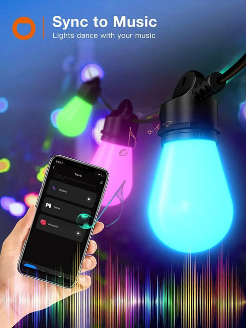 48 Ft Outdoor String Lights Dimmable With Remote And App Control Multicolor Waterproof Shatterproof LED Bulbs 15 Pack Smart RGB