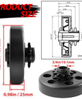 Side view and diagram of Go Kart Clutch Three Quarter Bore 10 Tooth For 40 41 420 Chain Mini Bike Centrifugal Clutch 10T