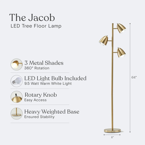 Tall LED Floor Lamp With Adjustable 3 Light Tree In Antique Brass Gold Finish For Living Rooms And Bedrooms Ultra Bright Lit Mood Lighting Great For Cozy Readings And Entertaining In Any Room