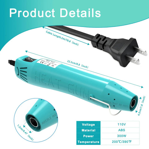 Mini 300W Heat Gun For Shrink Tubing And DIY Crafts With Reflector Nozzle A Versatile Shrink Wrap Gun Tool For Packaging PVC Drying Paint And Clay Green, shown with measurements and plug detail