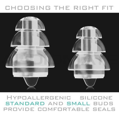 Two interchangeable silicone earbuds, standard and small, for High Fidelity Earplugs With Metal Keychain Case and 27 dB noise reduction.