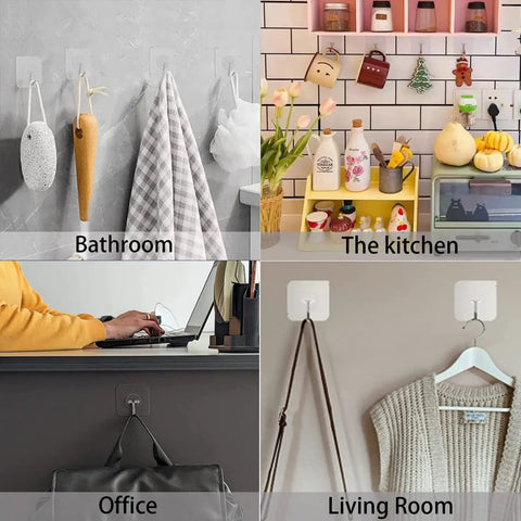 Heavy Duty 150 Pack Self Adhesive Wall Hooks Up To 24 Lb Each No Drill No Nails No Damage Transparent Reusable Hooks for various rooms
