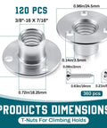 Heavy Duty 120 Pack T Nuts With 360 Hex Machine Screws 3/8 x 16 Thread 7/16 Inch Wide Galvanized Carbon Steel showing dimensions and specifications.