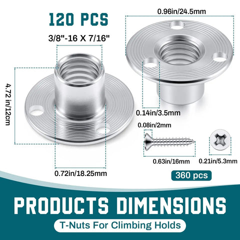 Heavy Duty 120 Pack T Nuts With 360 Hex Machine Screws 3/8 x 16 Thread 7/16 Inch Wide Galvanized Carbon Steel showing dimensions and specifications.