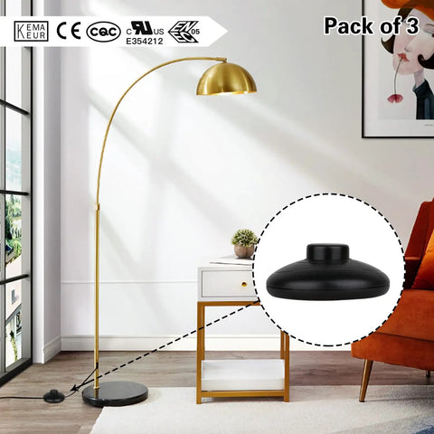 Three Pack Floor Lamp Foot Switches Black Pedal Inline Switches For Easy Step On Off Control next to a gold floor lamp.