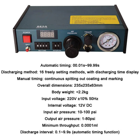 Semi Auto Adhesive Dispenser With Precise 0.01ml Drip Timing, Solenoid Controlled Glue Machine For Electronics, Automotive And Medical Assembly, Durable Aluminum Alloy Body, High Reliability, front panel with pressure gauge