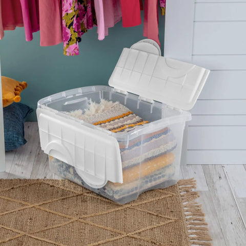 Prime 48 Quart Hinged Lid Storage Boxes 12 Pack Heavy Duty Plastic Totes Best for Garage Closets and Rooms Stackable with Tight Fitting Lids Perfect Stash Solution for All Your Gear