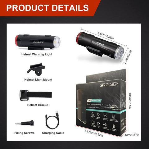 2 In 1 Bike Headlight And Taillight For Night Riding USB Rechargeable Front And Rear Helmet Light IP66 Waterproof Five Modes With Mount Bracket Perfect For Safe City And Trail Cycling