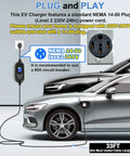 Go To Level 2 EV Charger For All North American EVs Fast 50 Amp 240 Volt Home Charger With Up To 11 kW Max Includes J1772 Plug And 33 Foot Cable Portable And Simple To Use connected to car