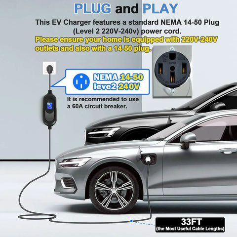 Go To Level 2 EV Charger For All North American EVs Fast 50 Amp 240 Volt Home Charger With Up To 11 kW Max Includes J1772 Plug And 33 Foot Cable Portable And Simple To Use connected to car