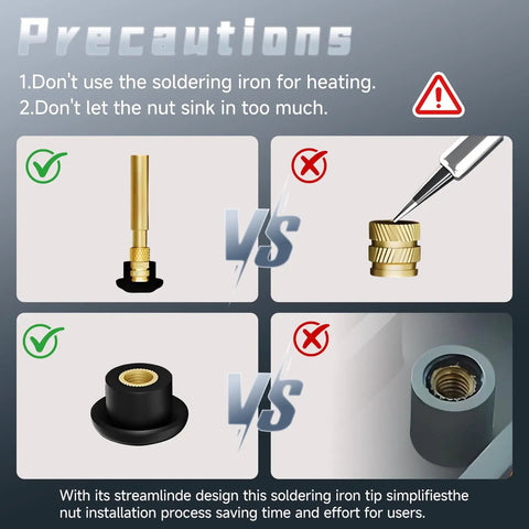 Infographic of precautions for Pro Grade Heat Set Insert Tool Kit With 415Pcs Brass Threaded Inserts, showing correct and incorrect uses.