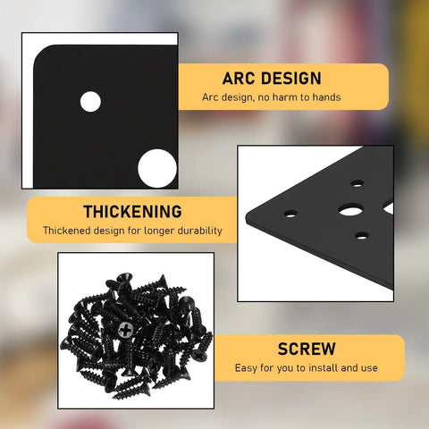 Details of Beefy L Shaped Corner Brackets 4 By 4 By 1.25 Inch, black steel, screws included, showing arc design for safety and ease