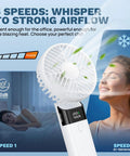 Handheld USB Rechargeable Fan With 3000mAh Battery Portable Mini Personal Fan 180 Degree Foldable Up To 10 Hours Runtime Ideal For Pocket Office Bedroom And Camping with airflow illustration and digital display