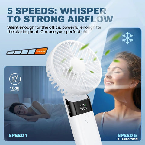 Handheld USB Rechargeable Fan With 3000mAh Battery Portable Mini Personal Fan 180 Degree Foldable Up To 10 Hours Runtime Ideal For Pocket Office Bedroom And Camping with airflow illustration and digital display