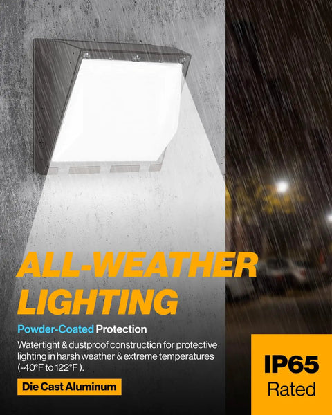 6 Pack 80W LED Wall Pack Outdoor Industrial Dimmable Waterproof Beefed Up Security Lighting for Warehouses and Parking Lots Choose 3000K 4000K or 5000K Color Temp 7600 Lumens AC120 277V IP65 Aluminum Housing shown on wet exterior wall