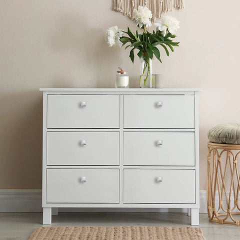 Sturdy Zinc Alloy Brushed Nickel Cabinet Knobs on white dresser, 25 Pack, Silver Square Drawer Knobs For Cabinets, Dressers, Closets And More.