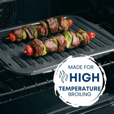 Universal Broiler Pan With Rack For Oven Nonstick Two Piece Black Porcelain Coated Carbon Steel Roasting Pan with skewers
