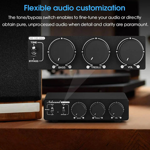 Control panel of Beast 300W Per Channel Class D Stereo Amplifier for home theater with bass, treble, and volume knobs