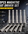 10 Piece Magnetic Nut Driver Set With 1/4 Inch Hex Shank Quick Change Adapter compatible with electric drills, showing premium S2 steel drivers.