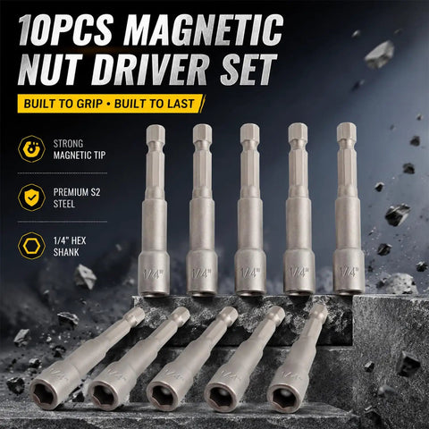 10 Piece Magnetic Nut Driver Set With 1/4 Inch Hex Shank Quick Change Adapter compatible with electric drills, showing premium S2 steel drivers.