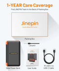 Contents of Jinepin packing box showing Massive 46800mAh Solar Power Bank With Built In Cables USB C Micro Lightning USB A