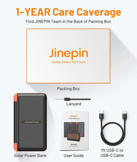 Contents of Jinepin packing box showing Massive 46800mAh Solar Power Bank With Built In Cables USB C Micro Lightning USB A