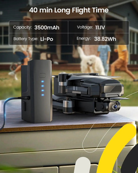 Dope 4K GPS Drone With 2 Axis Gimbal, Remote ID, 30FPS Cam charging with visible battery specs, outdoor setting in background