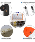 100 Sets Assorted Chicago Screws Kit For DIY Leather Craft In 5 Colors Black Silver Gold Bronze Red Copper 6mm Post Height 9mm Head Diameter 5mm Shank Includes Book Binding Posts And Nail Rivets; assorted hardware displayed in kit, with screws used in leather crafting, book binding, and combination lock applications.