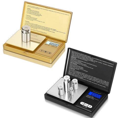 Two digital scales with M1 Class 9 Piece Pro Grade Stainless Steel Calibration Weight Kit 210g Set displayed on top.