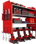 Power Tool Organizer Wall Mount With Charging Station, 4 Tier Garage Gear Storage Rack With Cordless Drill Holders, Side Racks And Hooks, Heavy Duty Workshop Shelf For Tools, Pliers, Screwdrivers, Hammers, And Cables, Red