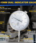 0-10 mm dial indicator gauge with steel bezel and contact plunger on a metal stem