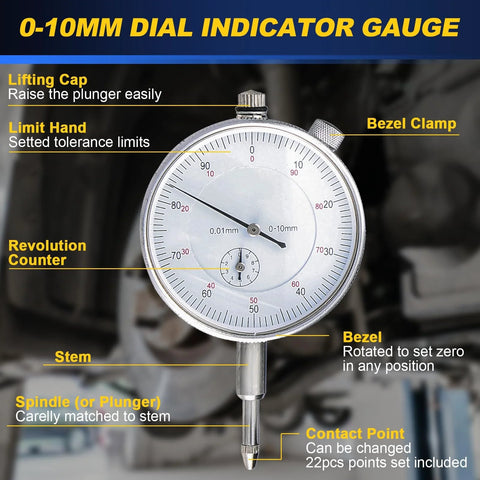 0-10 mm dial indicator gauge with steel bezel and contact plunger on a metal stem