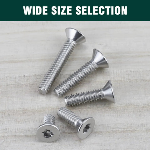 Built Different 304 Stainless Steel Security Torx Screws In Flat Head Design With 100 Pack For Electrical Boxes And Heavy Duty Projects Ready To Roll And Hold Tight, showing multiple sizes.