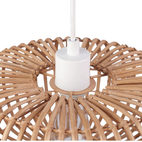 Close-up of Fitz 1-Light Pendant Light with blonde rattan shade and white socket; Japandi minimalist vibe for cozy modern living space.