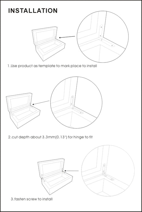 Installation instructions for Solid Brass Heavy Jewelry Box Side Rail Hinge 40x8x3mm Brushed Antique Brass