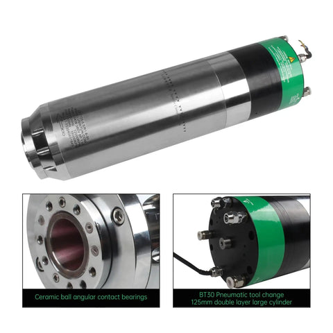 Beefy 5.5Kw Water Cooled Spindle With 8 Tool Automatic Changer Bt30 Mount detailed view showing ceramic bearings and tool change features.