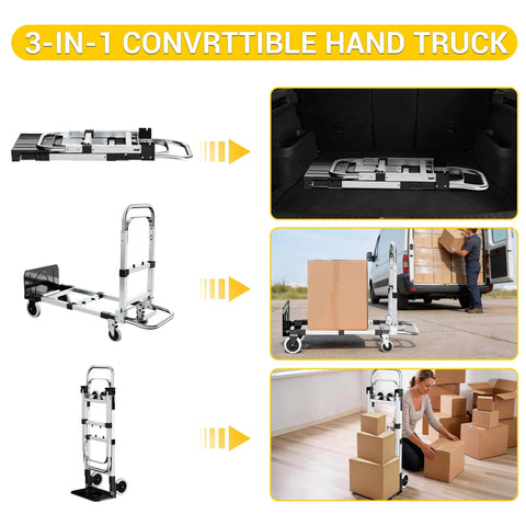 Heavy Duty Three In One Convertible Hand Truck Dolly Cart Built With Tough Rubber Wheels And Smart Swivel Casters For Hassle Free Freight Moving And Easy Warehouse Hauling Up To Six Hundred Pounds Capacity