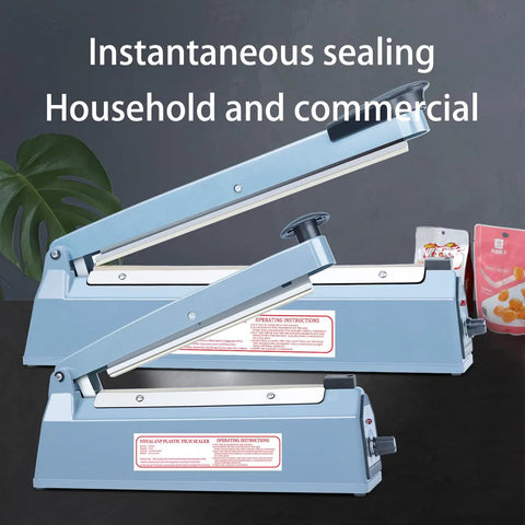 Heavy Duty Manual Impulse Heat Sealer Eight Inch Sealing Bar For PE PP Plastic Bags, viewed from the side with dial controls.