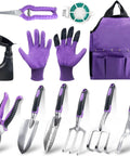 11 Piece Garden Tool Kit with Aluminum Alloy Hand Tools, purple tools, garden bag, sprayer, gloves, rope, for gardeners