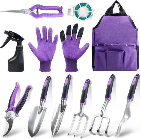 11 Piece Garden Tool Kit with Aluminum Alloy Hand Tools, purple tools, garden bag, sprayer, gloves, rope, for gardeners
